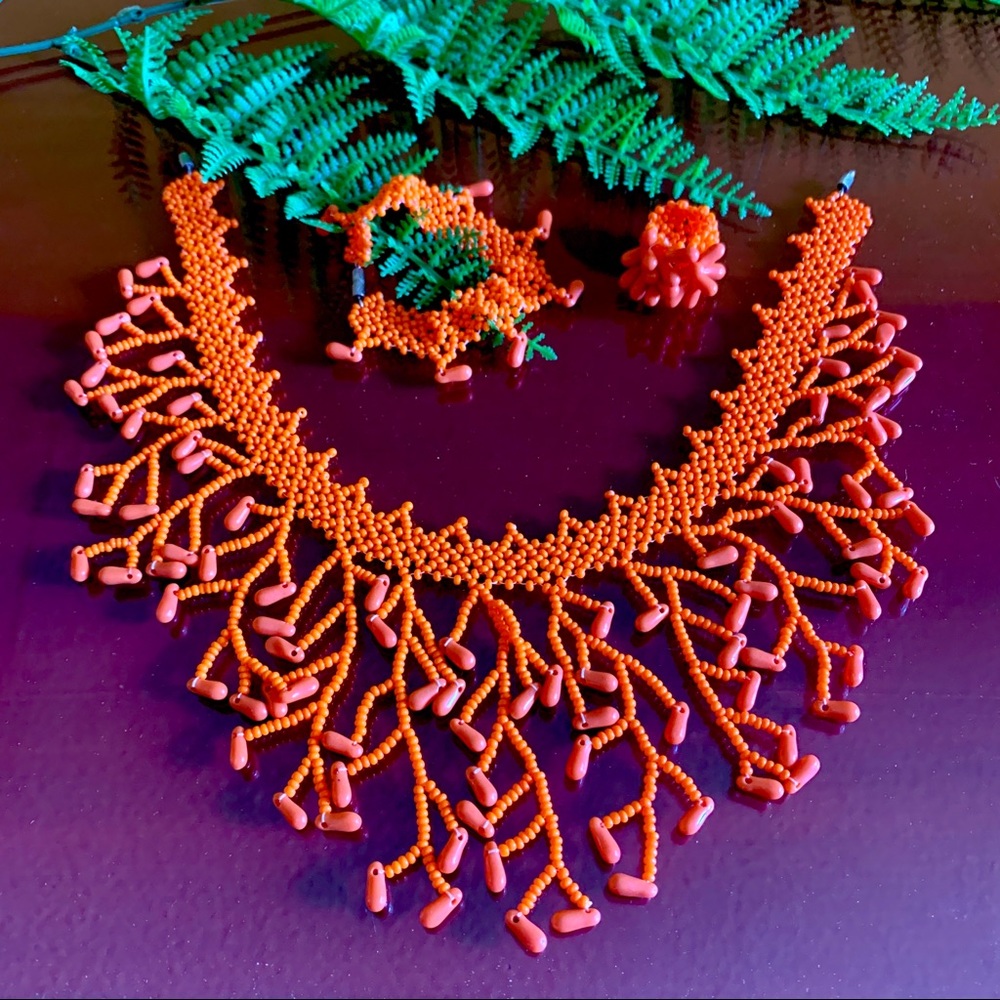 Handmade Beaded Jewelry Set Orange Bib Necklace